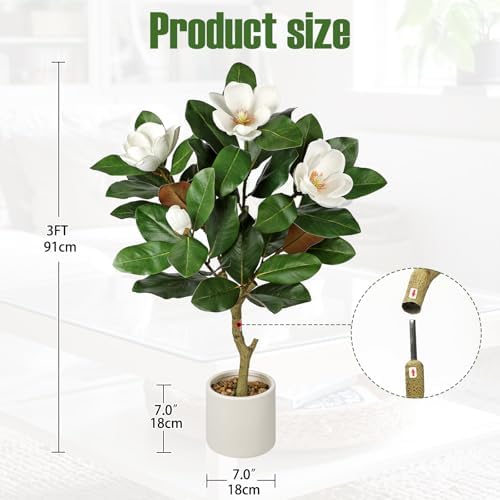 Briful 3 ft Artificial Magnolia Tree with White Flowers in Cream Pot - Image 2