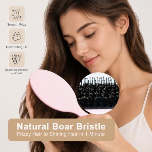 Boar Bristles Hair Brush for Women and Men, Detangling Hair Brush for Smoothing Massage Add Shine, Nylon&Boar Bristles Detangler brush for Hair Healthy (1 Pack-Pink) - Image 4