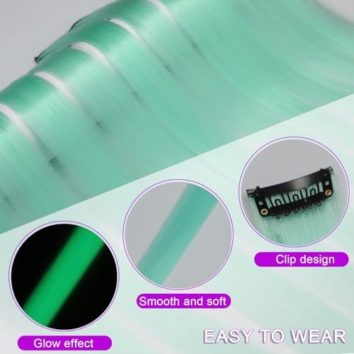 Ms Aloe Glow in the Dark Hair Extensions Clip Ins Teal Colored Hair Extensions 22inch Long Straight Synthetic Hairpieces Glow in the Dark Hair Accessories for Women - Image 4