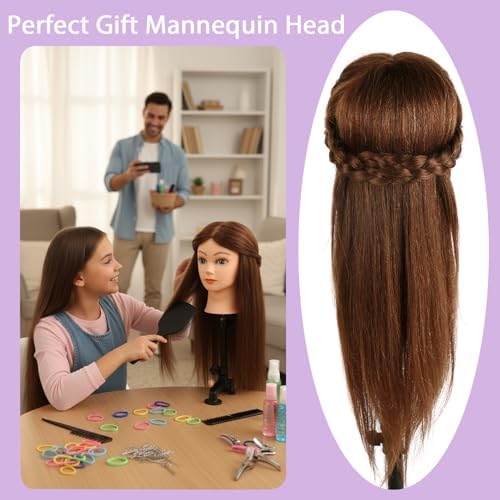 Mannequin Head with 100% Human Hair,22''Doll Head for Real Hair Styling - Image 3