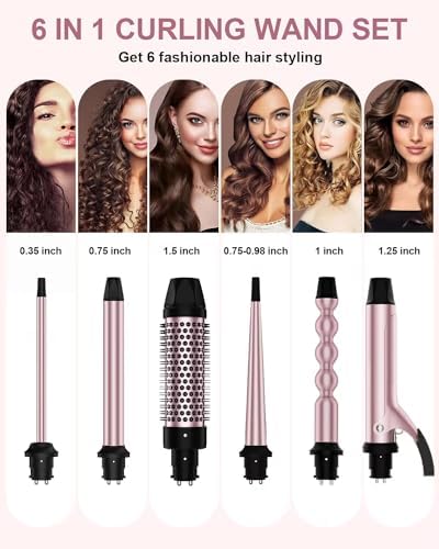 6 in 1 Curling Iron, Curling Wand Set with Thermal Brush (1.5inch) & 1inch Bubble Wand Curler and 3 Interchangeable Ceramic Barrel (0.35"-1.25"), Instant Heat Up with Comb & Protective Glove & 2 Clip - Image 2