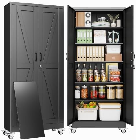 74" Metal Garage Storage Locker Cabinet with Wheels,Rolling Black Lockable Tool Cabinet with 2 Doors and 5 Adjustable Shelves, Steel Office File Cabinet for Home Office Warehouse Gym by BAOLIWO