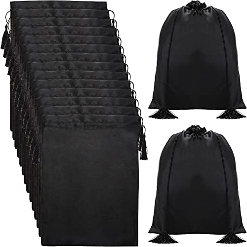Youeon 16 Pcs Silk Satin Wig Bags 12"x16", Satin Black Gift & Travel Bag with Drawstring Tassel, Hair Bags for Packaging Wig, Bundles, Hair Extensions, Storage Sacks for Home, Salon, Travel by YOUEON
