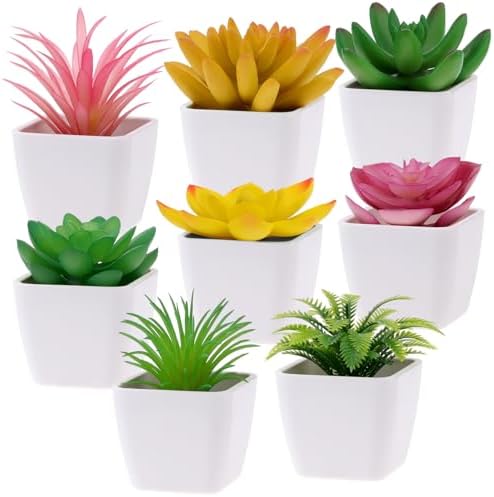 Woration 8Pcs Mini Artificial Succulent Plants Simulation in White Pots Small Fake Succulents Decoration for Bedroom Aesthetic Living Room Office Shelf by Woration