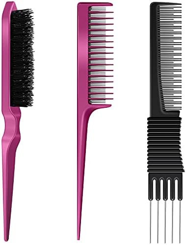 Patelai 3 Pcs Teasing Comb Edge Brush Rat Tail Comb Set,Black, Rose Red by Patelai