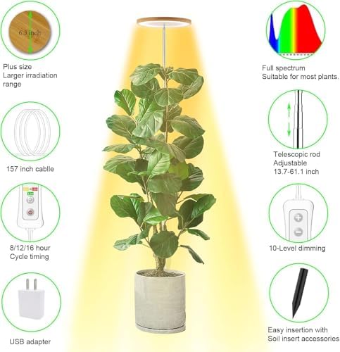 Plant Grow Light, LED Growing Light Full Spectrum for Indoor Plants, Paired with a Soil Tester,Height Adjustable, Automatic Timer, 5V Low Safe Voltage,Idea for Large Plant Light - Image 5