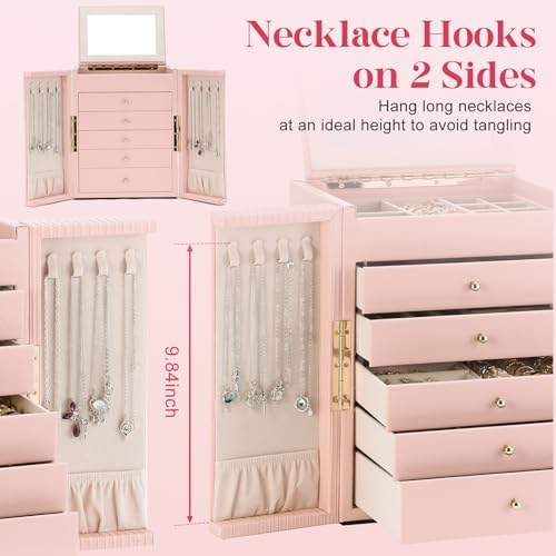 Dajasan Large Jewelry Organizer Box, 6-Tier Jewelry Storage Case with 5 Drawers, Jewelry Boxes for Women Girls with Mirror, Double Door, Textured PU Leather, Gift Idea, Stylish (Pink + Gold) - Image 2