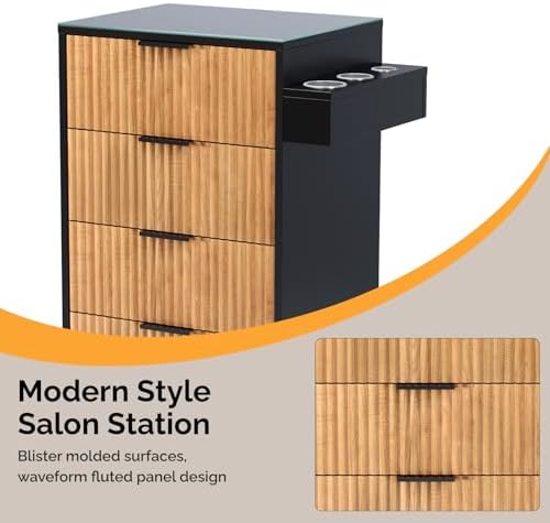 OmySalon Salon Station, Barber Station for Hair Stylist, Storage Cabinet with Glass Top & Drawers & Heat Resistant Dryer Holders, Modern Retro Style for Beauty Salon, Wood Black - Image 5