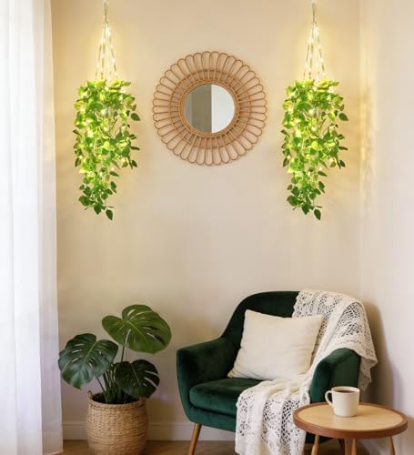 Mkono 2 Packs Fake Hanging Plant with Lights, Artificial Plants for Home Decor Indoor Macrame Plant Hanger with Fake Vines, Batteries NOT Included - Image 3