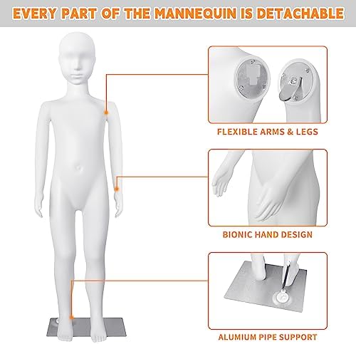 Child Mannequin Full Body Kids Dress Form Adjustable Detachable Manikin Body Display with Metal Base White - Image 3