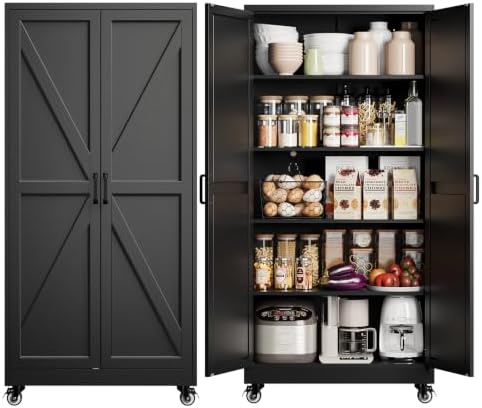Yizosh 75"Black Metal Kitchen Pantry Cabinets,Mobile Garage Storage Cabinet by Yizosh
