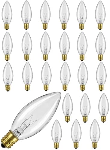 25 Pack Candle Light Bulbs,Crystal Clear Torpedo Tip Candelabra Replacement Bulbs Fit C7/E12 Candelabra Base,7 Watt C26 Replacement Night Light Bulb for Electric Window Candle Lights by Konictom