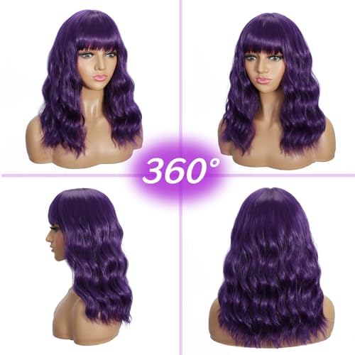 Sebast Pastel Bob Wigs with Bangs for Women Loose Wavy Wig Pastel Wavy Shoulder Length Bob Synthetic Cosplay Wig for Girl Colorful Costume Wigs (Purple) - Image 4
