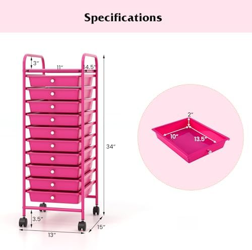 Giantex 10-Drawer Storage Cart w/Universal Wheel, Rolling Cart w/Handle, Home Organizer Storage Unit w/Removable Drawers, Trolley Utility Cart for Kitchen Makeup Living Room Office Play Room, Hot Pink - Image 3