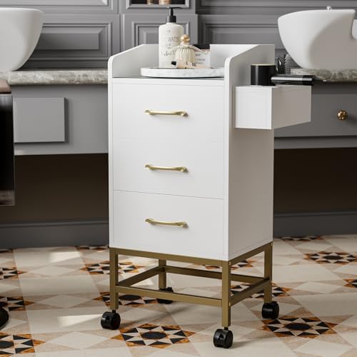 Beauty Salon Storage Trolley Cart, Mobile Hair Salon Station Hairdressing Tools Organizer Cabinet with 3 Drawers, Hair Dryer Holders and Lockable Rolling Wheels (White Gold) by enjoyyourwonderfullife