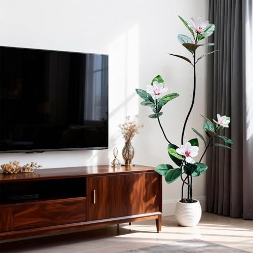 5 FT Artificial Magnolia Tree with Pot, Faux Flower Tree with White Magnolia Blooms and Green Leaves, Potted Artificial Plant for Living Room, Bedroom, Office, Entryway, Store, Home Dector - Image 6
