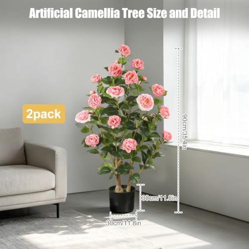 Artificial Camellia Tree, 3FT, Pink Flowers, 2 Pack - Image 2