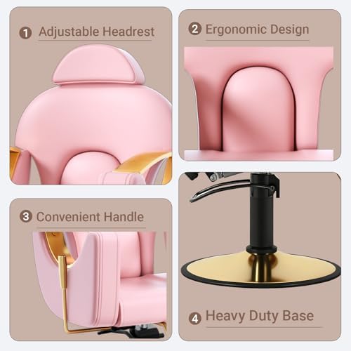 Salon Barber Chair for Hair Stylist, Professional Reclining Hydraulic Styling Chair with Heavy-Duty Pump, All Purpose Hairdresser Chair for Barbershop, Braiding, Shampoo, Spa Equipment, Cute Pink - Image 7