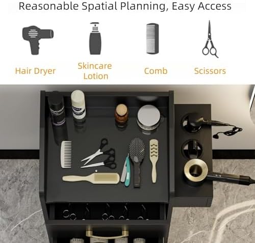 Salon Station for Hair Stylist, Black Beauty Barber Storage Station w/Lockable Wheels, Modern Salon Workstation, Rolling Beauty Cabinet Cart with 3 Drawers and 3 Hair Dryer Holders - Image 5