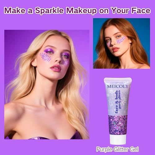 MEICOLY Purple Hair Glitter Kids Makeup,Holographic Halloween Game Day Spirit Day Face Glitter,Self-Adhesive Mermaid Sequins Face Body Glitter,Chunky Glitter for Festival Rave Accessories - Image 7