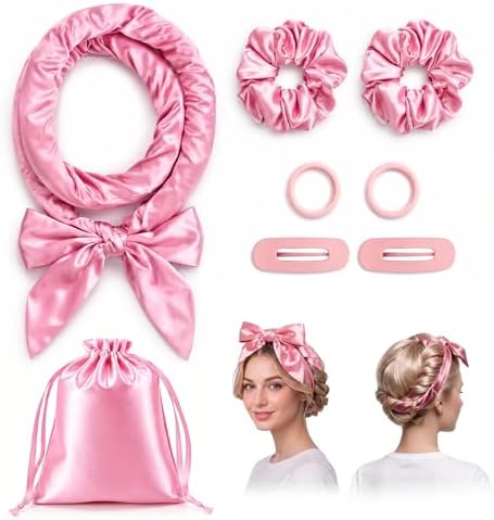 Satin Heatless Hair Curler Set, 8-Pc Overnight Curls (Pink) by Qvkzl