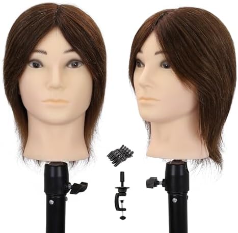 Male Mannequin Head, 8-inch 100% Human Hair Training Head (Includes Beard), Classic Brown Style for Haircutting and Styling Practice by WDQXCQA