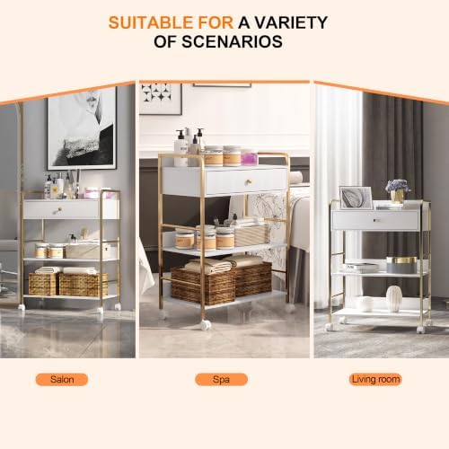 Salon Rolling Trolley with Lockable Wheels Barber Cart with Storage Drawer Mobile Hair Station Cabinet for Beauty Makeup Esthetician Spa Massage (White+one Drawer+Two Shelves) - Image 2