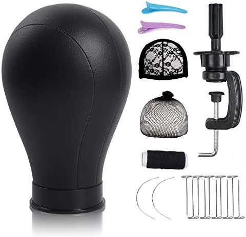 22 Inch Black Leather Wig Canvas Block Mannequin Head with Stand by Bileaf