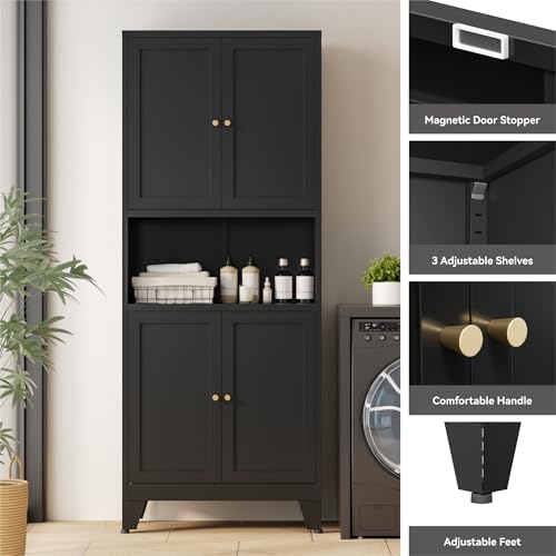 Bevivog Tall Pantry Cabinet with Microwave Shelf, 69" Metal Storage Cabinet with 4 Doors and Adjustable Shelves,Freestanding Metal Kitchen Hutch Cabinet, Black Pantry Closet Storage Shelves with Doors - Image 6