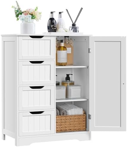 Yaheetech Bathroom Storage Cabinet with 4 Beadboard Drawers and Door, White by Yaheetech