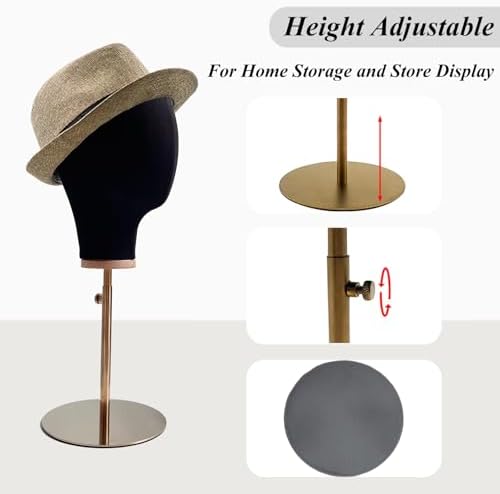 Premium Linen Mannequin Head, Gold Adjustable Wig & Hat Display Stand for Store, Hat Rack Holder, Durable Metal Base for Wigs, Fedoras, Bonnets, Decoration - Image 6