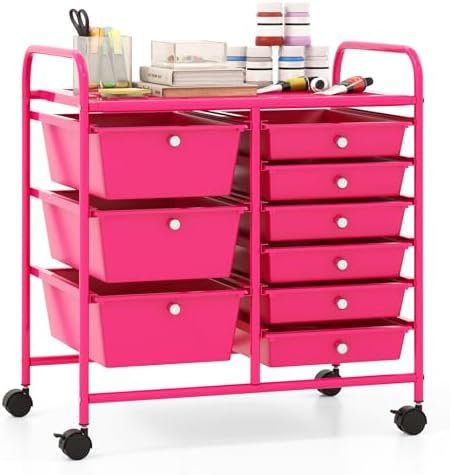Giantex 9 Drawers Rolling Cart, Classroom Organizers, Storage Cart with Wheels, for Teacher Office Home School Supplies Tool Craft Art Paper, Hot Pink by Giantex