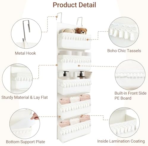 Dahey Over The Door Organizer 5 Pockets Hanging Behind Door Storage, White - Image 4