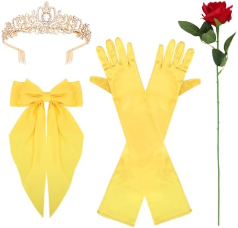 Princess Costume Accessories Crown Rose Hair Bow Yellow Gloves Kit by Uintoon