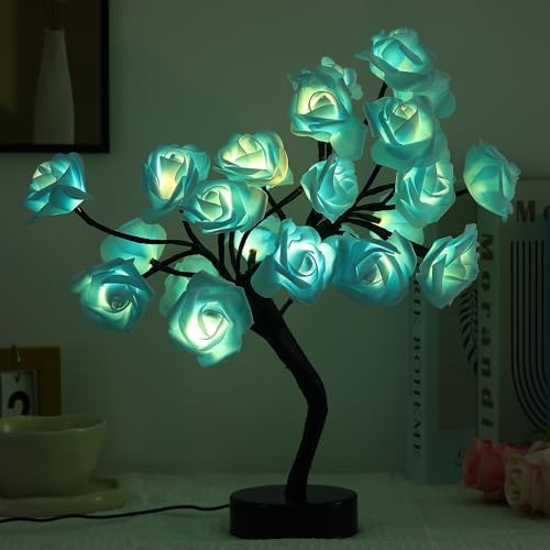 Drawelry Rose Flower Tree Lamp - LED Rose Tree Table Lamp USB/Battery Powered Artificial Bonsai Flower Night Light for Bedroom Living Room Party Wedding Birthday Decor (Blue) - Image 3