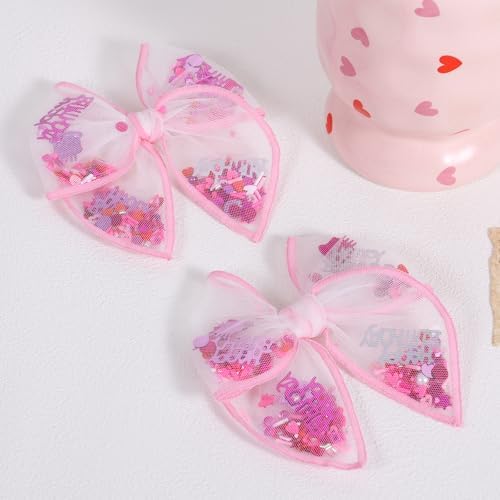 Birthday Hair Bows for Girls,2 Pcs 4" Glitter Pink Tulle Shaker Bows Alligator Clips with Happy Birthday Cake Confetti for Teens,Toddlers,Baby, Kids Party Dress Accessory Gift - Image 2