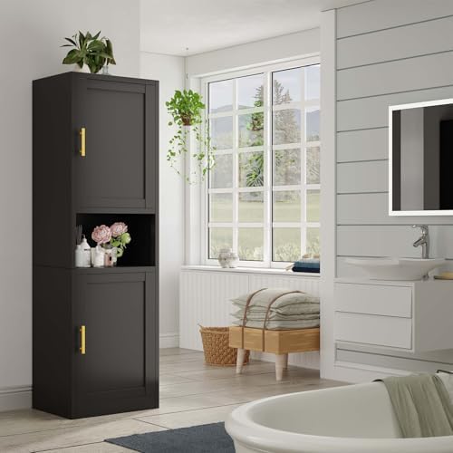 67" Tall Narrow Bathroom Storage Cabinet, Metal Pantry Cabinet, Black - Image 2