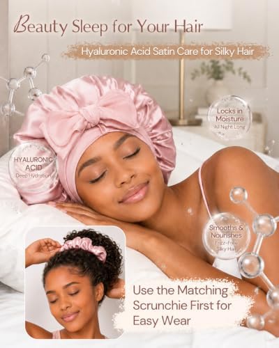 BONNET QUEEN Silk Bonnet for Sleeping Women HYALURONIC Acid Reversible Double Layer Satin Bonnet Night Sleep Cap Wrap for Curly Hair with Adjustable Tie Band & Scrunchie, Cream Pink & Rose Gold - Image 2