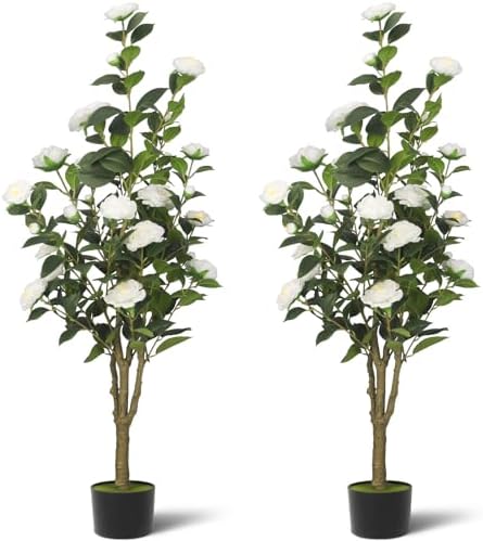 2-Pack 4FT Artificial Camellia Tree,Realistic Fake Potted Plants with Flowers&Planters,Indoor/Outdoor Faux Flowering Trees for Home,Office,Porch,Wedding,and Housewarming Gift Decor,White by Unknown