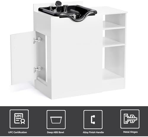 OmySalon Salon Station, Shampoo Bowl with Cabinet, Freestanding Backwash Sink with Adjustable Shelf, UPC Certified Faucet, for Spa Beauty, Barber, Home, White - Image 7