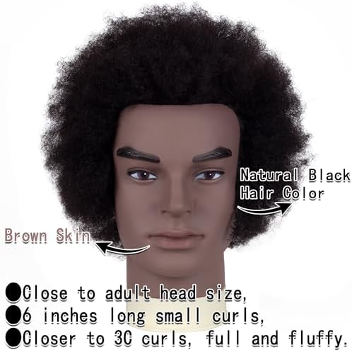 6"Afro Male Mannequin Head 100% Human Hair Curly Hair 4A Type for Braiding Hairdresser Training Head Cosmetology Afro Hair Manikin Head for Practice Styling Cornrow Braiding with Clamp Stand - Image 3