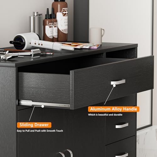 5-Drawers Salon Furniture Salon Storage Station, Free Standing Cabinet for Hair Stylist, Beauty Spa Furniture w/1 Large Capacity Cabinet & 1 Open Shelf, Spa Bathroom Equipment, Black - Image 6