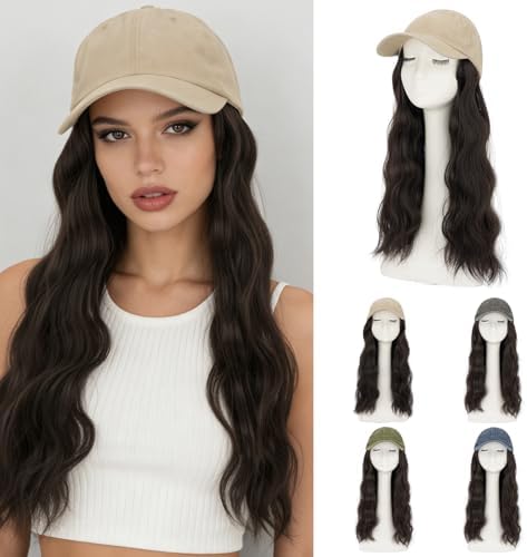 Rich Choices Hat Wigs for Women,Khaki Baseball Cap with Hair Extensions for Women,Caps with Wavy Curly Synthetic Long Hair Attached Adjustable Baseball Cap Wig 18 Inch Dark Brown Hair by RichChoices