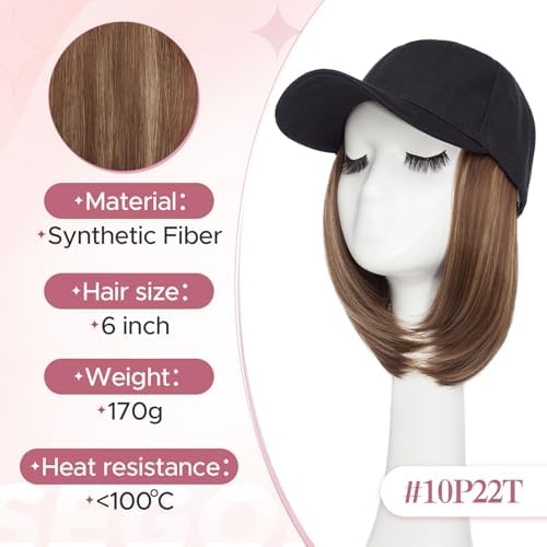 SEGO Baseball Cap with Hair Extensions for Women Heat Resistant Synthetic 6" Adjustable Short Straight Hairpiece Replacement Wigs in Black Hat for Girls 10P22T Medium Brown Mix Dark Blonde - Image 5