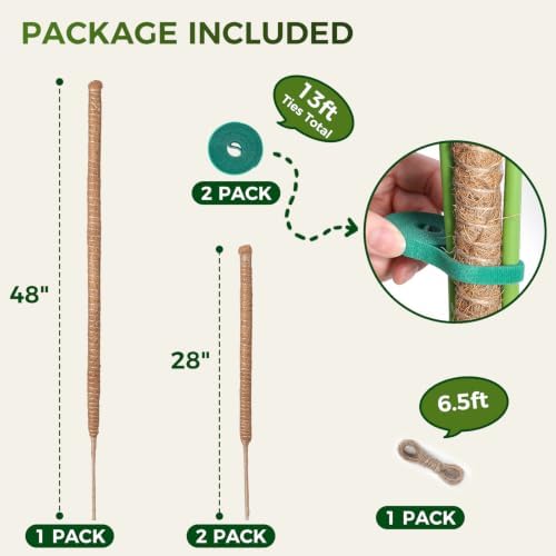 3 Pack Moss Pole Monstera Plant Support, 2 Pack 28" & 1 Pack 48" Bendable Plant Stakes Made of Real Coco Coir Support for Climbing Indoor Plants, Tall Moss Stick Trellis for Potted Climbers - Image 2
