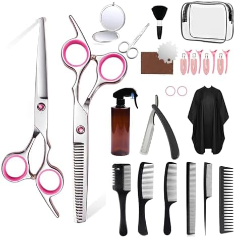 Hair Cutting Scissors Kit,27PCS Professional Stainless-Steel Sharp Barber Professional Hairdressing Shears Set with 6.5 Inch Cutting Scissors,Thinning Shears for Man Woman Adults Home Salon(Pink) by Sievic
