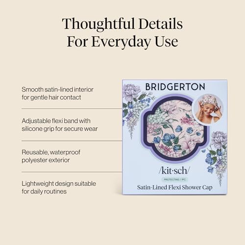 Bridgerton x Kitsch Luxury Satin-Lined Flexi Shower Cap for Women, Wisteria - Image 3