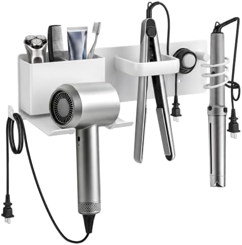 Hair Dryer Holder Wall Mount with 2 Storage Compartments, Aerospace Aluminum Blow Dryer Curling Iron Flat Iron Holder, No Drill Adhesive Bathroom Hair Tool Organizer, Heat Resistant (White) by Bensbl