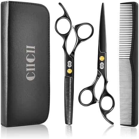 CIICII Hair Cutting Scissors Shears Kit, 6.7″ Barber Scissors Set (Black) by CIICII