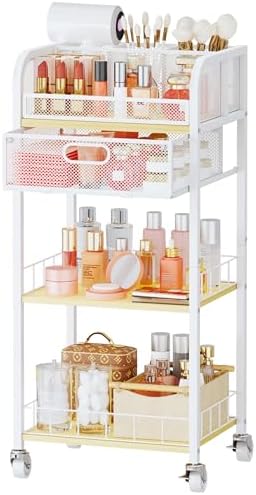 HapiRm Makeup Organizer Storage Cart - Floor Skincare Make Up Organizers with 4 Drawers, Rolling Makeup Cart Vanity Organizer Cosmetics Display Cases Holder for Skin Care Nail Polish Pure White by HapiRm